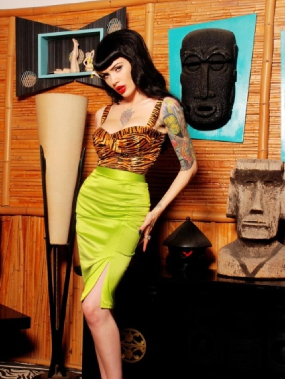 Deadly Curves Skirt in Lime Green Shakira Satin Large Deadly Dames Retro